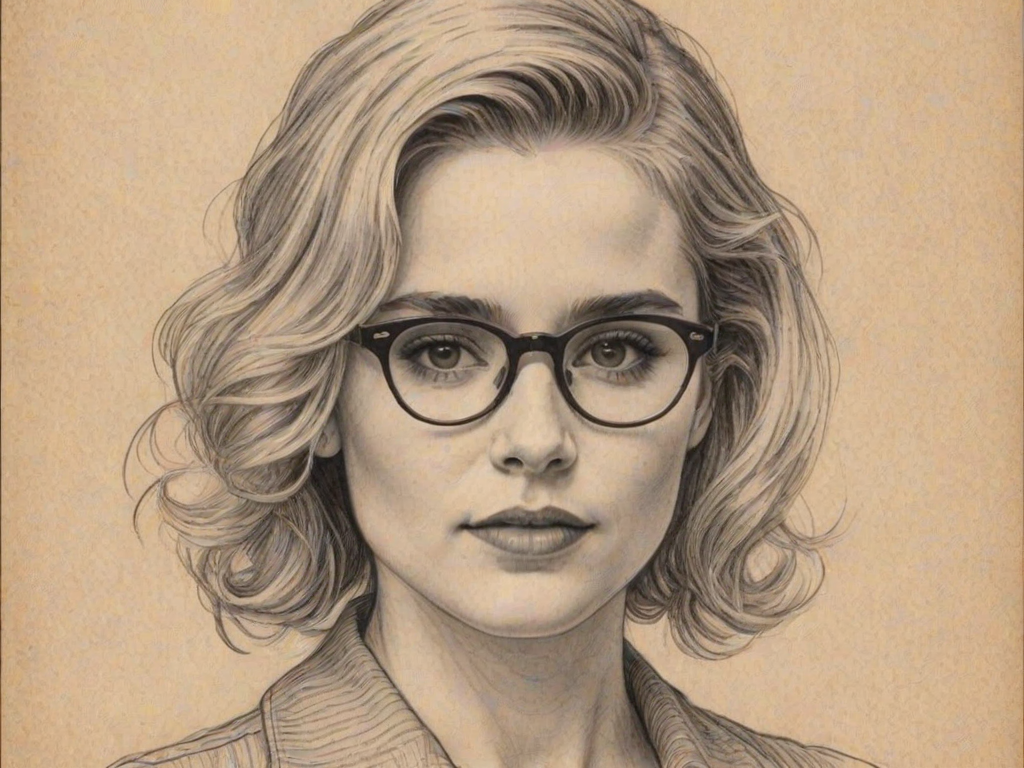 Gorgeous Alison Lohman, pencil sketch, portrait of Wonderful woman 1935s in glasses, hair style beatnik, outline, clear lines, fine lines, 8k