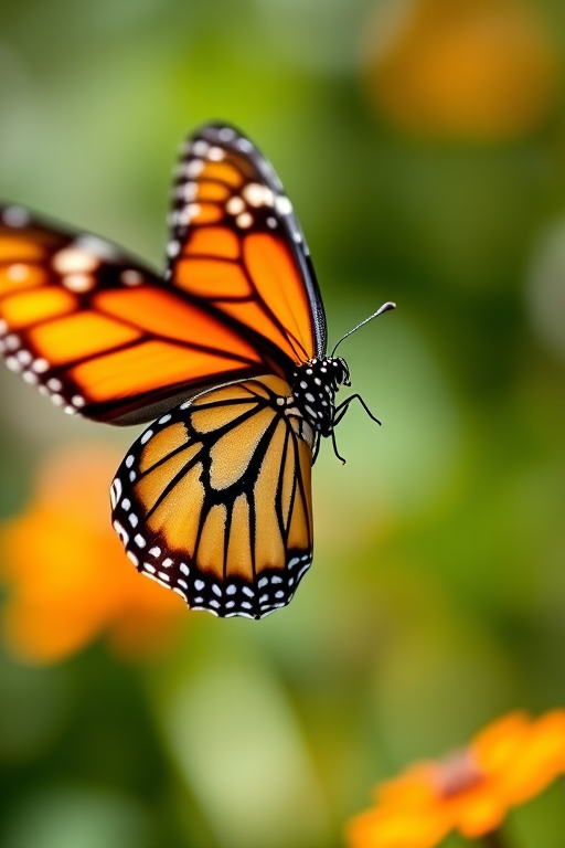 Create a highly detailed close-up image of a Monarch butterfly in flight, using a macro lens on a DSLR camera with a focal length of 100mm, aperture set to f/2.8 for a shallow depth of field, ISO 200, and natural lighting to enhance the vibrant colors and patterns.