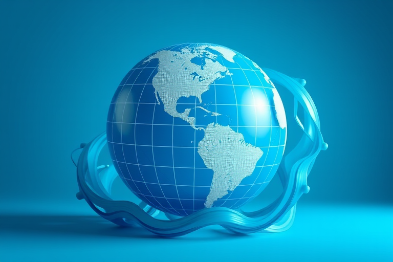 Create a high-resolution image of a 3D globe with a grid overlay, surrounded by dynamic blue wave patterns, captured with a DSLR camera at f/8 aperture, ISO 100, 24mm focal length, ensuring a sharp focus and vibrant colors against a gradient blue background.