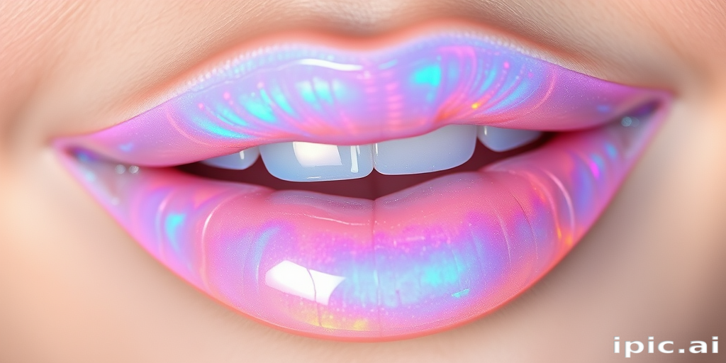 Iridescent opal lip gloss with color-shifting pigments, named "Moonstone Magic," providing a mesmerizing prismatic effect and plumping properties, suited for ethereal makeup looks