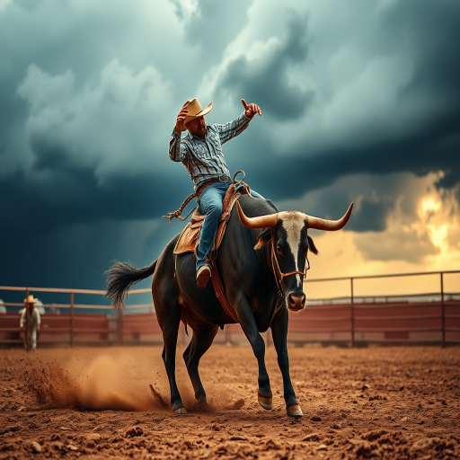 A cowboy riding a bucking bull in a dusty arena under dramatic stormy skies, captured with a Canon EOS R5, 50mm lens, f/1.8, ISO 100, shutter speed 1/500s, in high dynamic range style for enhanced detail and depth.