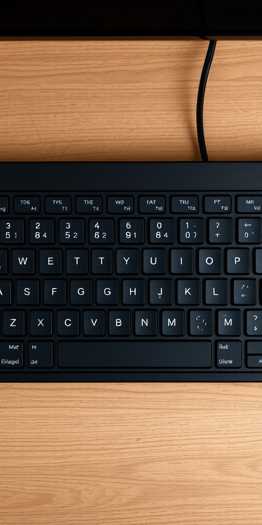 Create an ultra-high-resolution image of a black keyboard with a minimalist design, captured using a DSLR camera at f/2.8, ISO 100, 1/60s shutter speed, in a top-down view with soft natural lighting to enhance texture and detail.