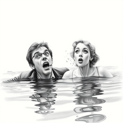 A hyperdetailed photorealistic black and white pencil sketch recreating the iconic scene at the end of Titanic with Jack and Rose floating in the water, only show them making exaggerated funny faces at the camera. Show Rose spitting water at the camera.