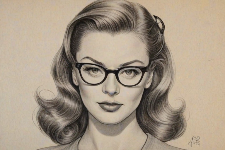 Graceful Billi Mucklow, pencil sketch, portrait of Bewitching woman 1943s in glasses, hair style beatnik, outline, clear lines, fine lines, 8k