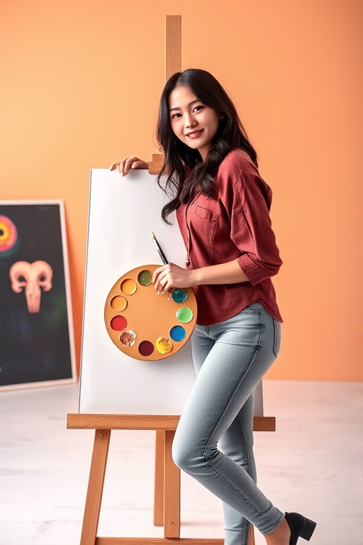 A person casually leaning against a blank easel holding a palette and brush, bright and colorful studio background, soft lighting, portrait mode, DSLR camera, aperture f/2.8, ISO 100, 50mm lens.