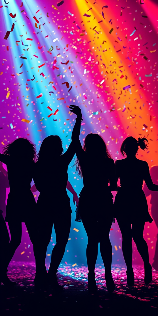 Create a vibrant party scene with four silhouetted dancers against a colorful, abstract background filled with confetti, using a DSLR camera with a 50mm lens, f/1.8 aperture, ISO 400, and a shallow depth of field to enhance image quality.