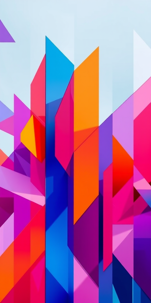 create an abstract image with vibrant colors and geometric shapes using a Canon EOS R5, 50mm lens, f/1.8 aperture, ISO 100, shot from a top-down view, with high dynamic range and vivid color saturation settings
