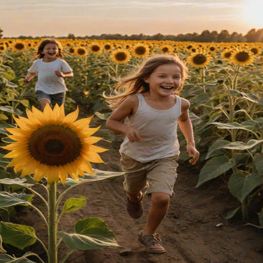 Children running through a sunflower field, their laughter echoing in the warm afternoon air, as the sun dips lower in the sky.