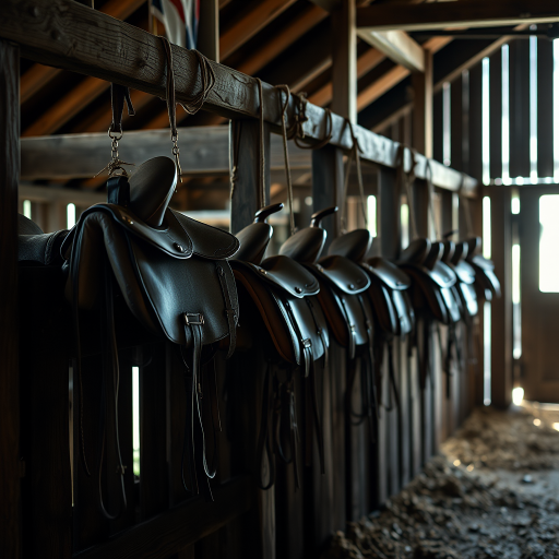 Regenerate a rustic image of saddles hanging on wooden structures in a dimly lit barn interior, using a Canon EOS R5 with a 24-70mm lens at f/4.0, ISO 200, shutter speed 1/60 seconds, low-angle view to capture depth, and soft natural lighting to enhance texture and detail.