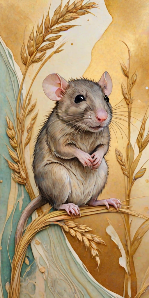 Soft, muted Alcohol Ink with ebru effect background image of tiny whimsical rat, who climbed high on the top of a golden rye ear.