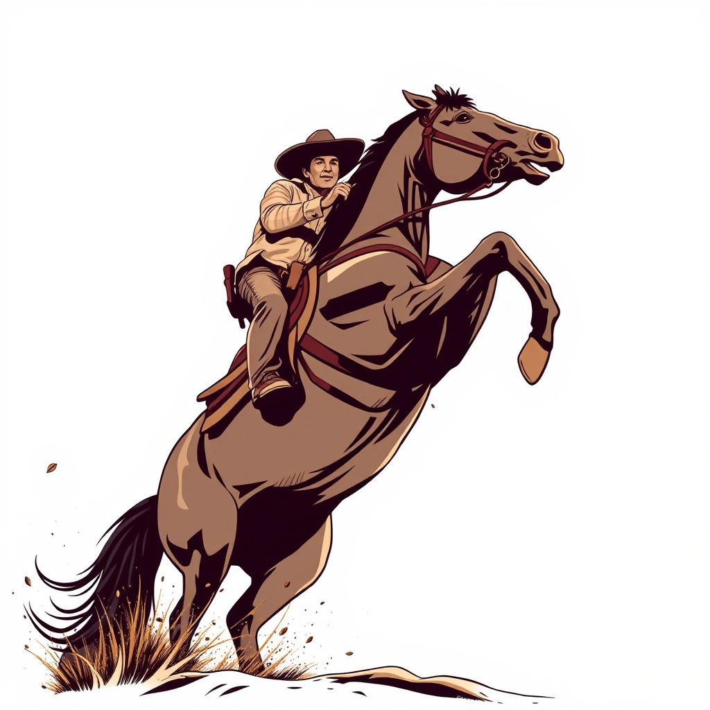 Create a detailed illustration of a cowboy riding a rearing horse, with high contrast and clean lines, using a DSLR camera with a 50mm lens, f/1.8 aperture, ISO 100, captured from a low angle to emphasize action and depth, in a vector art style.