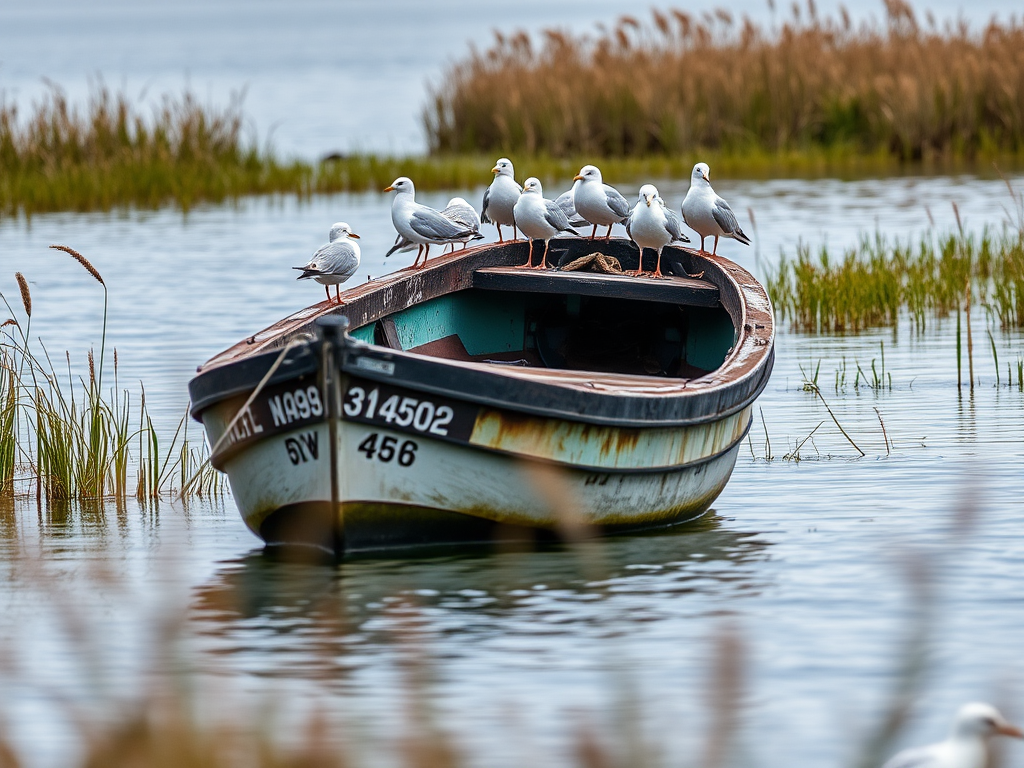 A weathered boat with seagulls perched on it, surrounded by calm water and tall grasses, captured with a Canon EOS 5D Mark IV, 50mm lens, f/8, ISO 200, natural light, shallow depth of field, soft focus background.