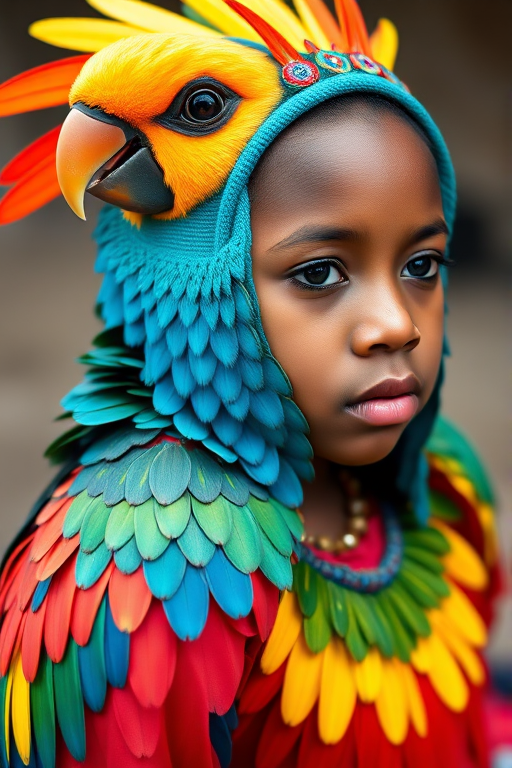 A beautiful Garifuna girl, wearing colorful bird clothing with vibrant colors