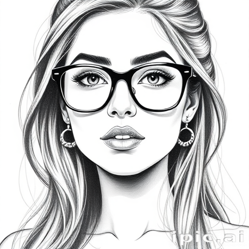 hot mia khalifa, pencil sketch, portrait of beautiful woman 60s in glasses, hair style beatnik, outline, clear lines, fine lines, 8k