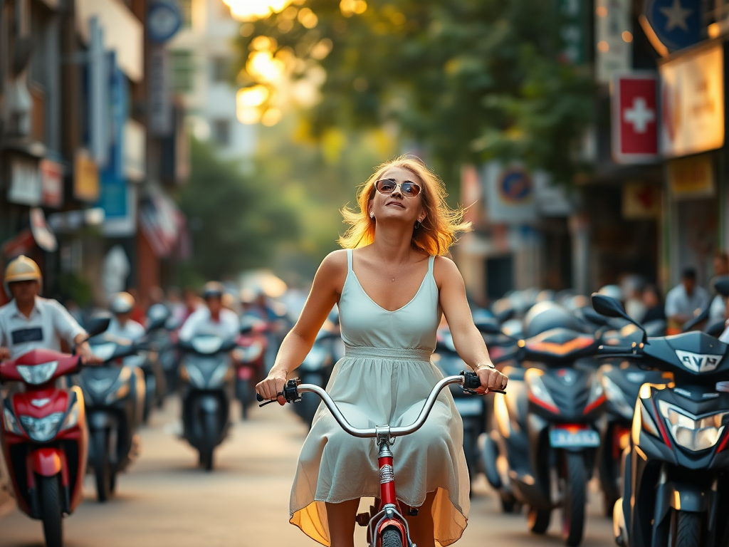 Street scene featuring a woman in a light dress riding a bicycle among motorbikes, golden hour lighting, shallow depth of field, ISO 100, aperture f/2.8, shutter speed 1/250 sec, DSLR camera, 35mm lens, vibrant colors, sharp focus on the woman.