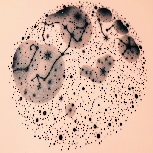 Dotwork tattoo "Celestial Whispers" depicting a dreamy night sky filled with constellations and galaxies, created entirely with meticulously placed black ink dots of varying sizes and densities