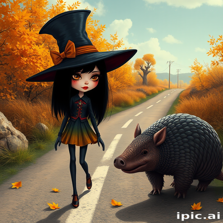 digital art fantasy depicting a strange girl with black hair, long eyelashes, orange lipstick and a tall hat walking along a winding road on an autumn afternoon, an armadillo smiles as he passes