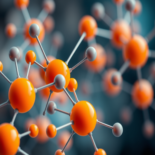 Generate a high-resolution image of an abstract molecular structure with orange and gray circles connected by thin lines, taken with a DSLR camera at f/2.8, ISO 100, 50mm lens, using a macro view and vibrant colors for enhanced clarity and depth.