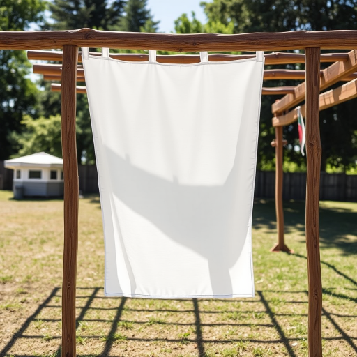 photograph of white fabric hanging on a wooden frame in a bright outdoor setting, use a Canon EOS 5D Mark IV with a 50mm f/1.8 lens, aperture f/2.8, ISO 100, shutter speed 1/250s, natural lighting for enhanced clarity and sharpness.