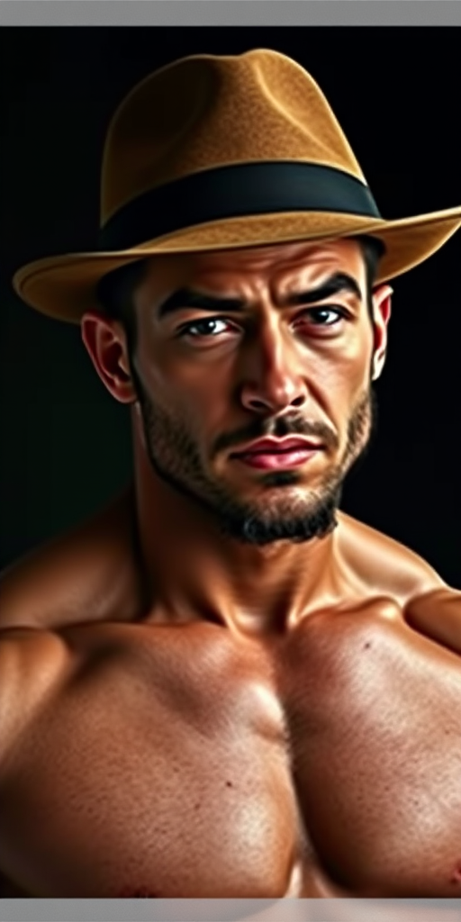Regenerate the image of a muscular man wearing a fedora, camera settings: ISO 100, aperture f/2.8, shutter speed 1/200, camera view: portrait, camera style: high dynamic range, camera type: DSLR.