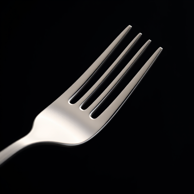Create a high-resolution image of a polished silver fork against a black background, using a 50mm lens, f/1.8 aperture, ISO 100, with soft diffused lighting and a macro photography style to enhance details and reflections.