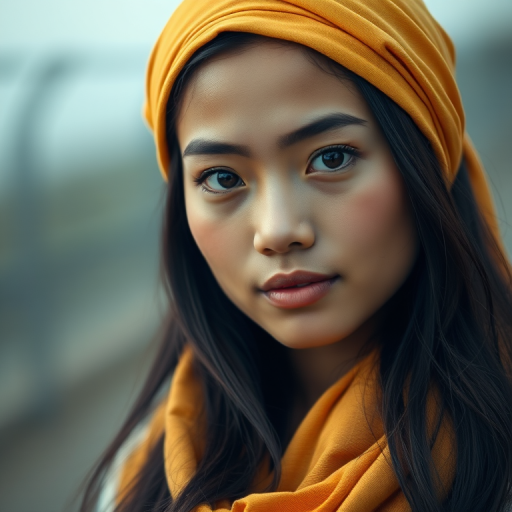 Create a portrait of a young Singaporean woman with long, dark hair and captivating hazel eyes. She is wearing a Yellow headscarf and a matching scarf draped gracefully around her neck. The background is softly blurred, focusing attention on her serene and natural expression. The overall color palette is muted and warm, enhancing the intimate and authentic feel of the portrait.