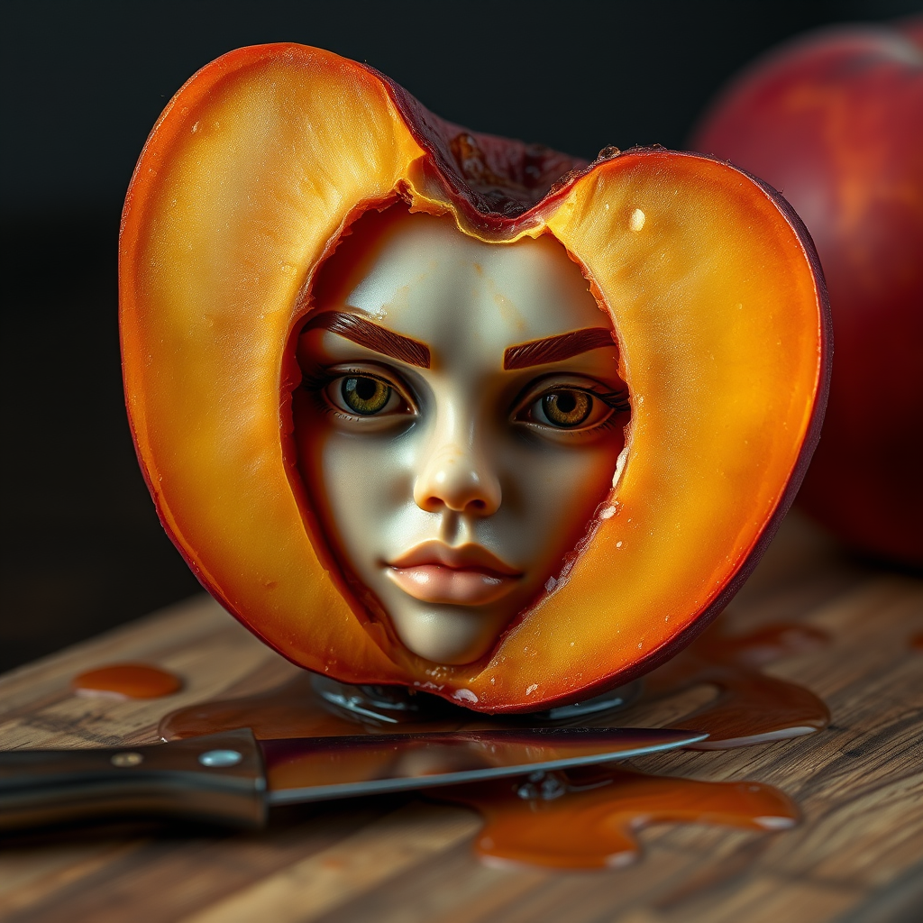 A hyperdetailed photorealistic macro color saturated high resolution image of a peach cut in half, with the peach pit being a highly detailed sculpted woman's face with her eyes open and peach-colored irises. The face has a marble texture. The image includes condensation, moisture, and peach juice. The peach is on a wooden cutting board with a small fruit knife nearby, also covered with juice.