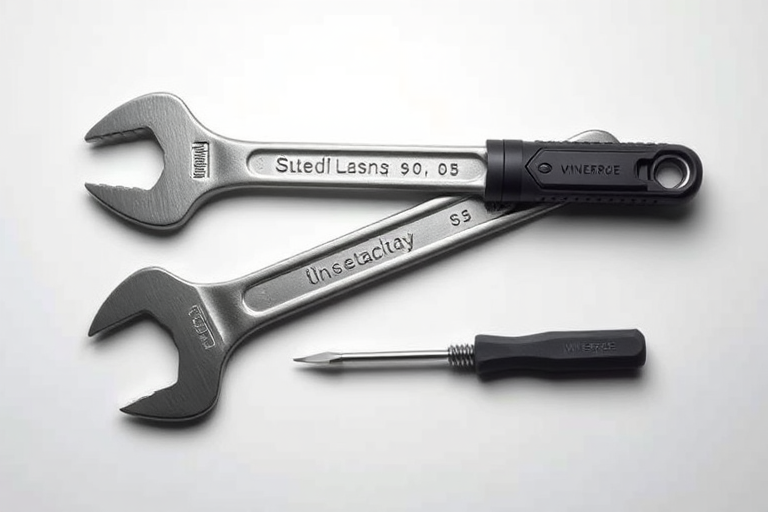 Create a high-quality vector illustration of a wrench and a screwdriver, using a Canon EOS R5 with a 50mm f/1.8 lens, set to aperture f/4.0, ISO 100, capturing from a slightly angled top-down view with soft, diffused lighting for clarity and detail.