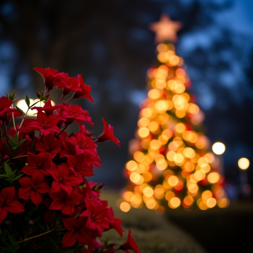 Create an image of a vibrant red flower bush in the foreground with a softly blurred background featuring a beautifully lit Christmas tree. The scene should convey a festive atmosphere with warm, glowing lights and a hint of evening sky.