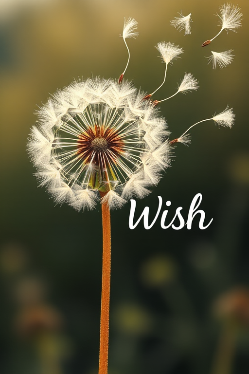 A detailed illustration of a dandelion blowing in the wind with seeds dispersing, the text 'Make a Wish' artistically integrated, captured with a Canon EOS R5, 50mm lens, f/1.8 aperture, ISO 100, in soft natural lighting, focus on the dandelion while softly blurring the background for depth.
