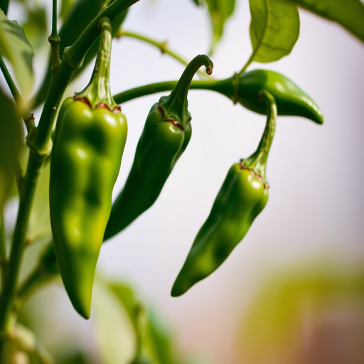 capture a close-up of green chili peppers on a plant with a soft-focus background, use a DSLR camera with a 50mm lens, aperture set to f/2.8, ISO 200, shutter speed 1/200s, shoot from a slight angle to highlight the texture and color contrasts
