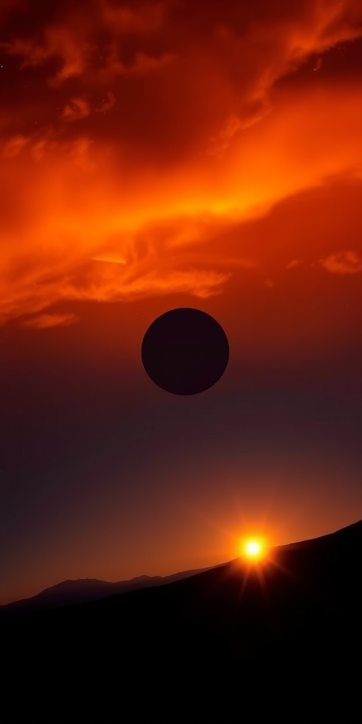 Create an image of a distant planet at sunset with vibrant orange and yellow hues in the atmosphere, featuring a starburst effect near the horizon, taken with a DSLR camera at ISO 100, f/8 aperture, 1/250 sec shutter speed, wide-angle lens, and a low-angle view to capture the expansive sky.