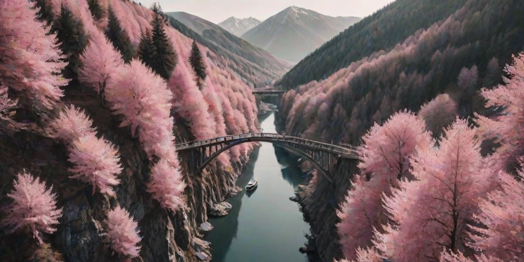 natural lighting, bridge focus, CandiBRIDGE, no humans, mountain, water, boat, bridge, pink trees, from above, negative space, scenery, intricately detailed illustration, depth of field, atmospheric perspective, pink theme, monochrome