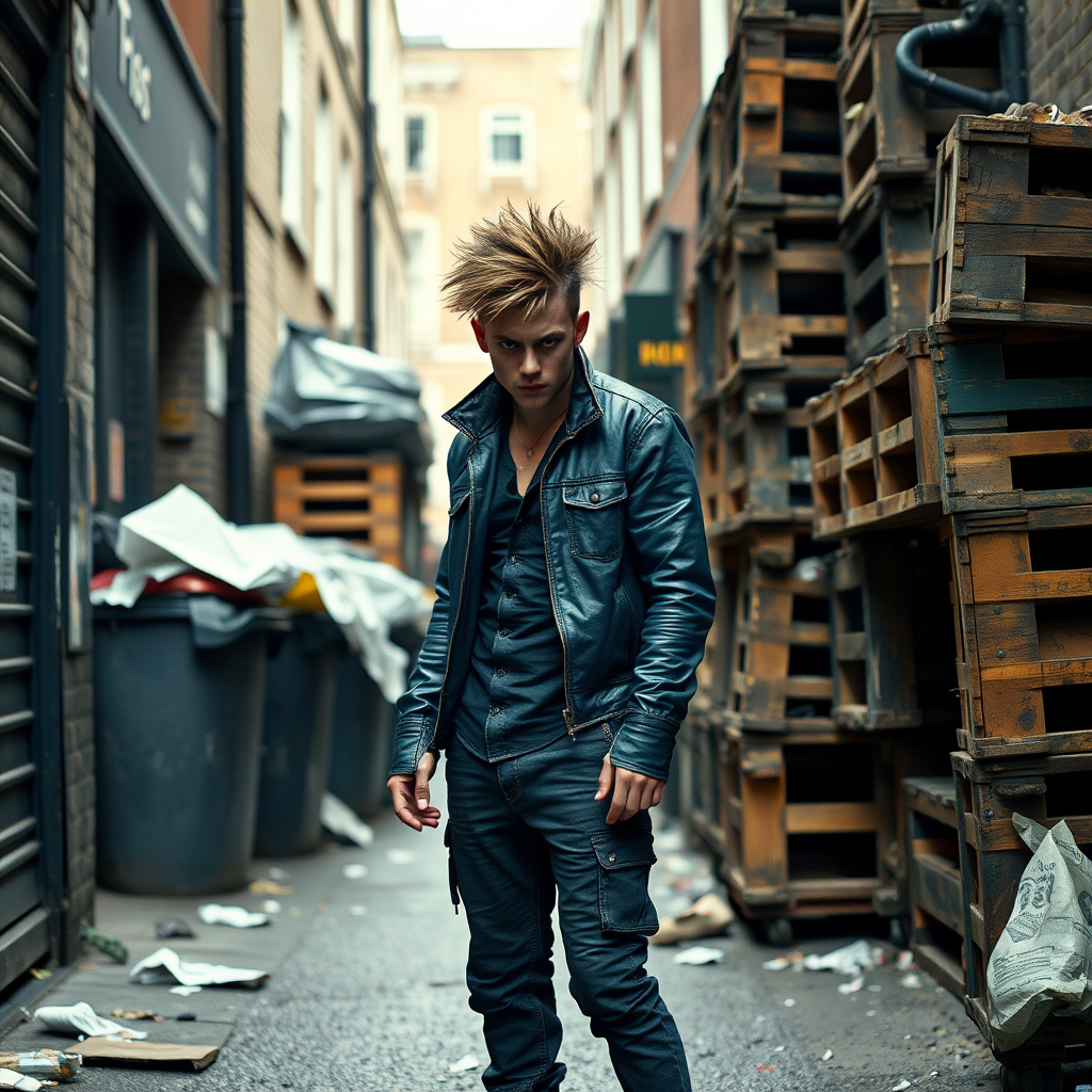 generate an ultra-realistic, highly detailed photograph of a punk. he's standing still, looking menacingly at the camera. he's in a narrow, dirty London street. there are wooden crates stacked up. overflowing rubbish bins, rubbish on the ground.