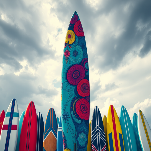 Create a vibrant illustration of a surfboard with colorful patterns, surrounded by other surfboards, set against a cloudy sky, using a Canon EOS R5 with a 24-70mm f/2.8 lens, 1/200s shutter speed, ISO 100, and an aperture of f/5.6, with a focus on sharp details and enhanced colors.