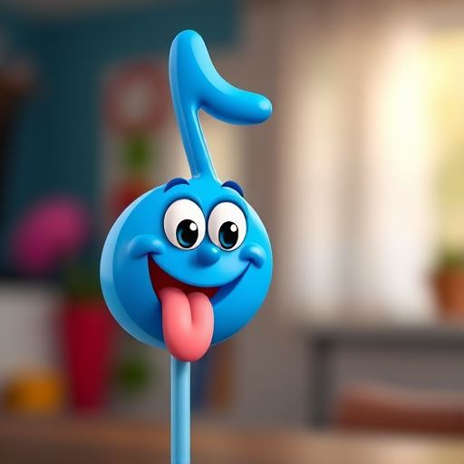 Create a vibrant and playful cartoon image of a blue musical note with a smiling face and a tongue sticking out, using a shallow depth of field, ISO 100, f/2.8 aperture, 50mm lens, natural lighting, and a soft-focus background to enhance details and colors.