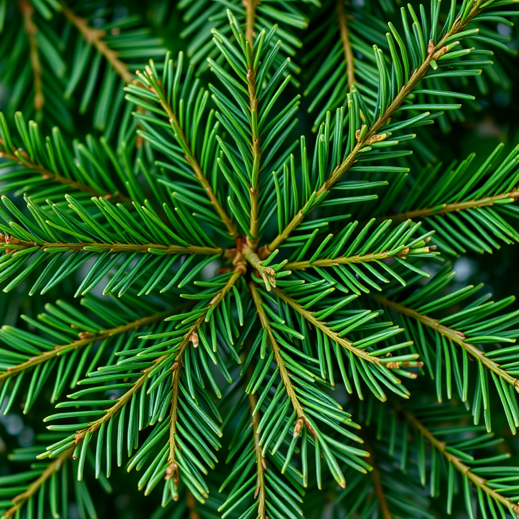 Generate a high-resolution illustration of vibrant green pine branches arranged artistically, shot with a Canon EOS R5 at f/2.8, ISO 100, shutter speed 1/200s, with a macro lens in natural light for enhanced detail and texture.