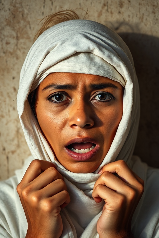 Create a close-up photographic image of a Nepali woman with light skin tones shown against an old, worn wall. Their head is wrapped in a white cloth covering (i.e.... parts of the head except the nose and mouth, which are open as if they are screaming...), with a slight texture and visible folds in the fabric. Thin strands of blonde hair escape from the wrapping above, falling lightly at the top and sides. Their hands hold the fabric as if they are tugging nervously. The lighting is dramatic and even, casting strong shadows. The image has a minimalist and surreal style with an emphasis on simplicity with soft color tones. The composition is centered.