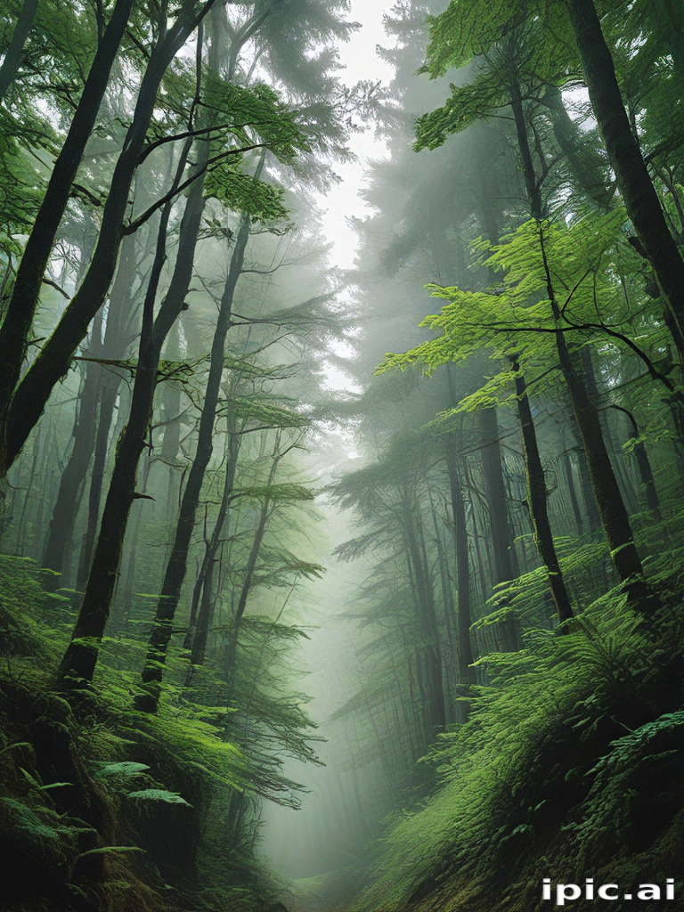 Serene Misty Forest Pathway Surrounded by Lush Greenery and Tall Trees