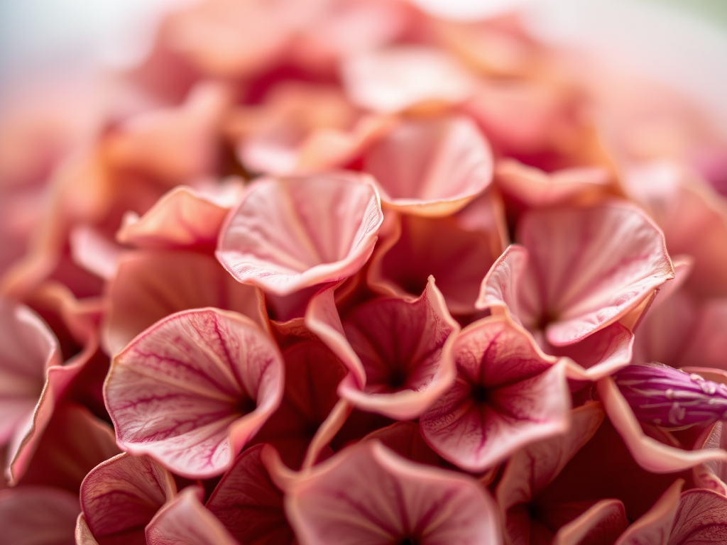 macro shot of dried hydrangea petals with soft bokeh background, aperture f/2.8, shutter speed 1/200s, ISO 200, 50mm lens, natural light, DSLR camera