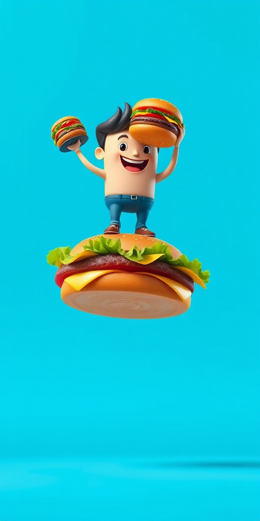 Create a vibrant digital illustration of a cartoonish character humorously holding a burger while floating above a giant burger, against a bright blue background; settings: 50mm lens, f/2.8 aperture, ISO 100, shot from a low angle to emphasize the character's levitation, with soft, diffused lighting for enhanced clarity and color saturation.