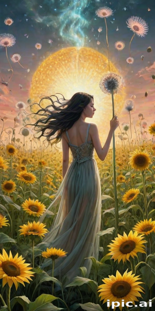 A surreal allegory featuring ethereal fairies, towering sunflowers, and an enigmatic witch, all set within a dreamlike landscape. The scene is dominated by a colossal dandelion, its delicate seeds floating through the air, reminiscent of Yves Tanguy's abstract forms. The environment is a blend of otherworldly elements and natural beauty, with twisted, elongated shapes and surreal colors that evoke a sense of mystery and enchantment.