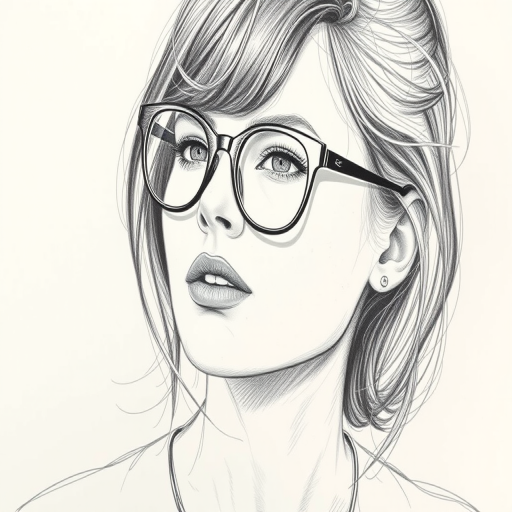 Beautiful Rooney Mara, pencil sketch, portrait of beautiful woman 60s in glasses, hair style beatnik, outline, clear lines, fine lines, 8k