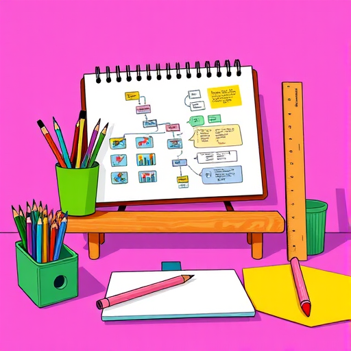 Create a vibrant, high-resolution illustration of a desk featuring a sketchbook with a colorful flowchart, a green pencil holder with colored pencils, a wooden ruler, and a pink pencil, all set against a bright purple background, using a Canon EOS R5 camera at f/2.8 with a 50mm lens, 1/125s shutter speed, and ISO 100 for enhanced detail and color saturation.