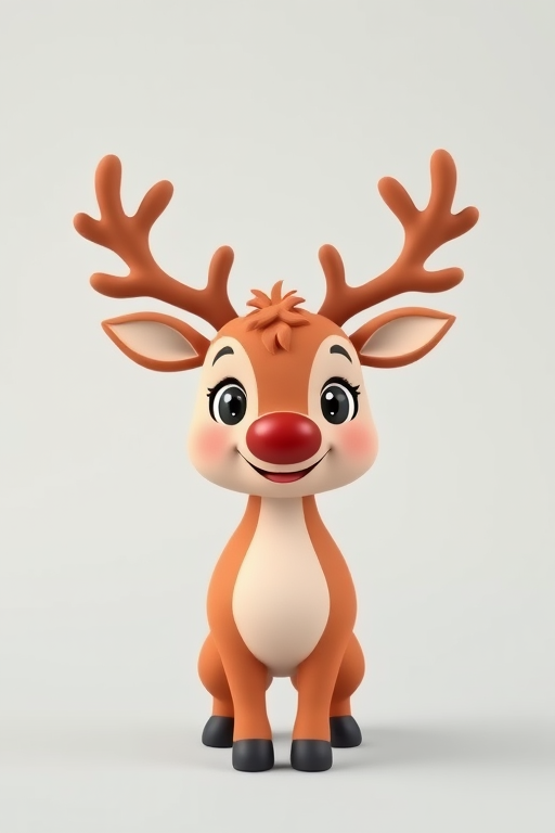 Create a cute cartoon reindeer character standing with a cheerful expression against a plain background, using a Canon EOS R5 with a 50mm f/1.2 lens, shooting in aperture priority mode at ISO 100, f/2.0, and a focal length of 50mm for a soft depth of field.