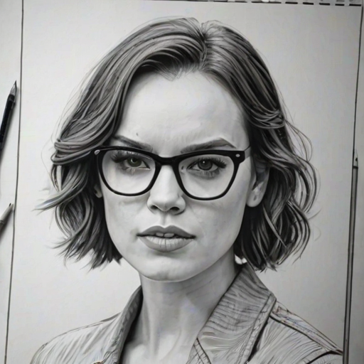 Wonderful Daisy Ridley, pencil sketch, portrait of Fascinating woman 1967s in glasses, hair style beatnik, outline, clear lines, fine lines, 8k