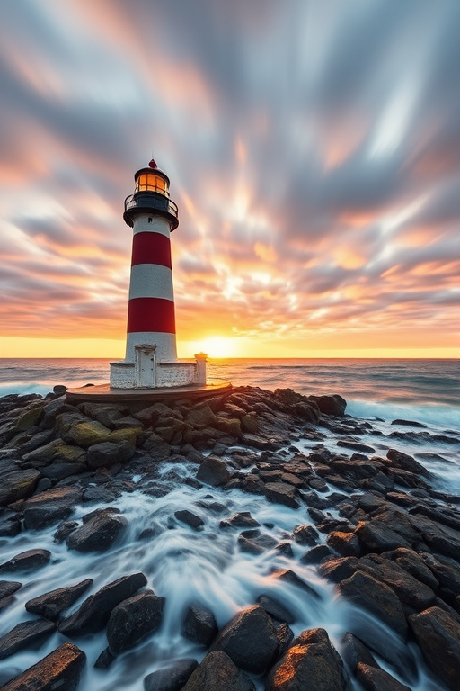Lighthouse on rocky shore during stormy weather, sunset lighting, long exposure to capture motion of waves, ISO 100, f/8 aperture, 24mm lens, wide-angle view, drone photography style, high dynamic range imaging.