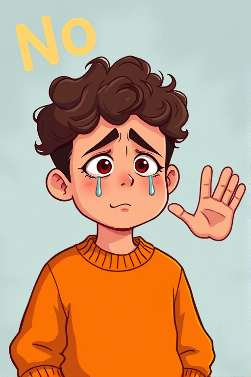 Create an illustration of a cartoon character with curly hair wearing an orange sweater, visibly upset with tears rolling down their face, while a hand gestures "no" in the background, using a vibrant color palette, a 35mm lens, f/2.8 aperture, ISO 100, and a soft focus effect to enhance the emotional impact of the scene.