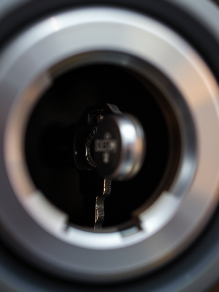 high-resolution close-up shot of a key inserted into a shiny silver keyhole with a blurred background, aperture f/2.8, ISO 100, shutter speed 1/60s, taken with a DSLR camera in macro mode