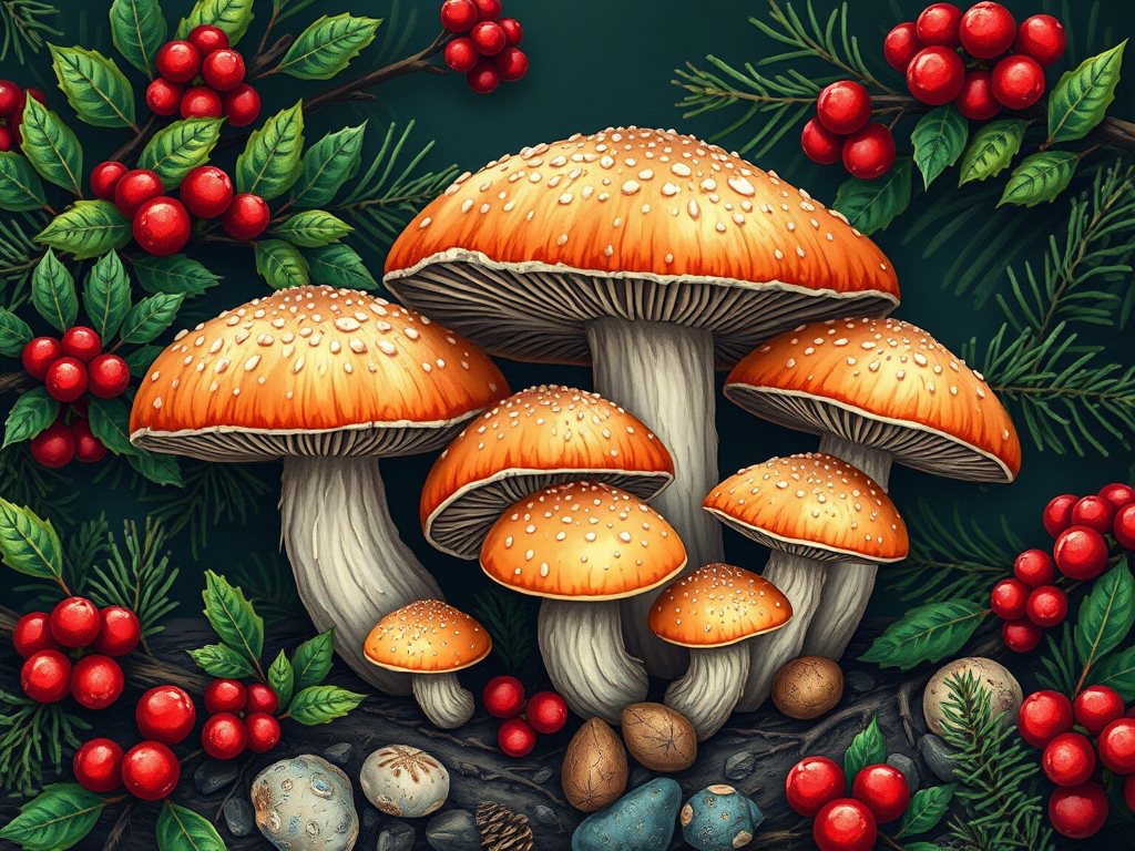 Create a high-resolution illustration of mushrooms surrounded by holly and pine branches, using a macro lens with an aperture of f/2.8, ISO 100, and a DSLR camera, capturing every detail in a vibrant and natural color palette.